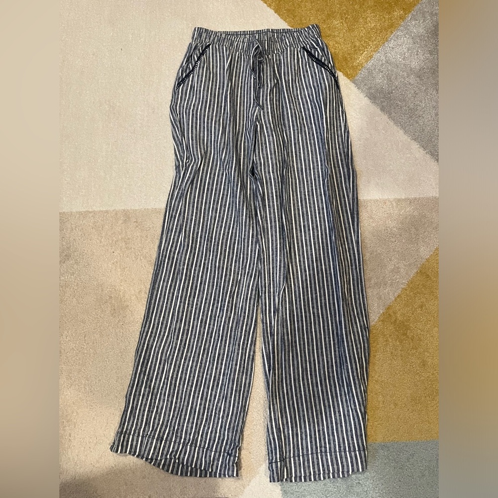 Briggs Lounge Pants Women medium Blue Striped Linen Wide Leg Pockets Pull On M